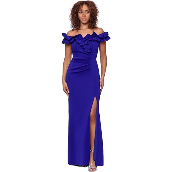 Xscape Womens 14 Scuba Crepe Ruffle Collar Ruched Off The Shoulder Maxi Dress - Picture 1 of 4